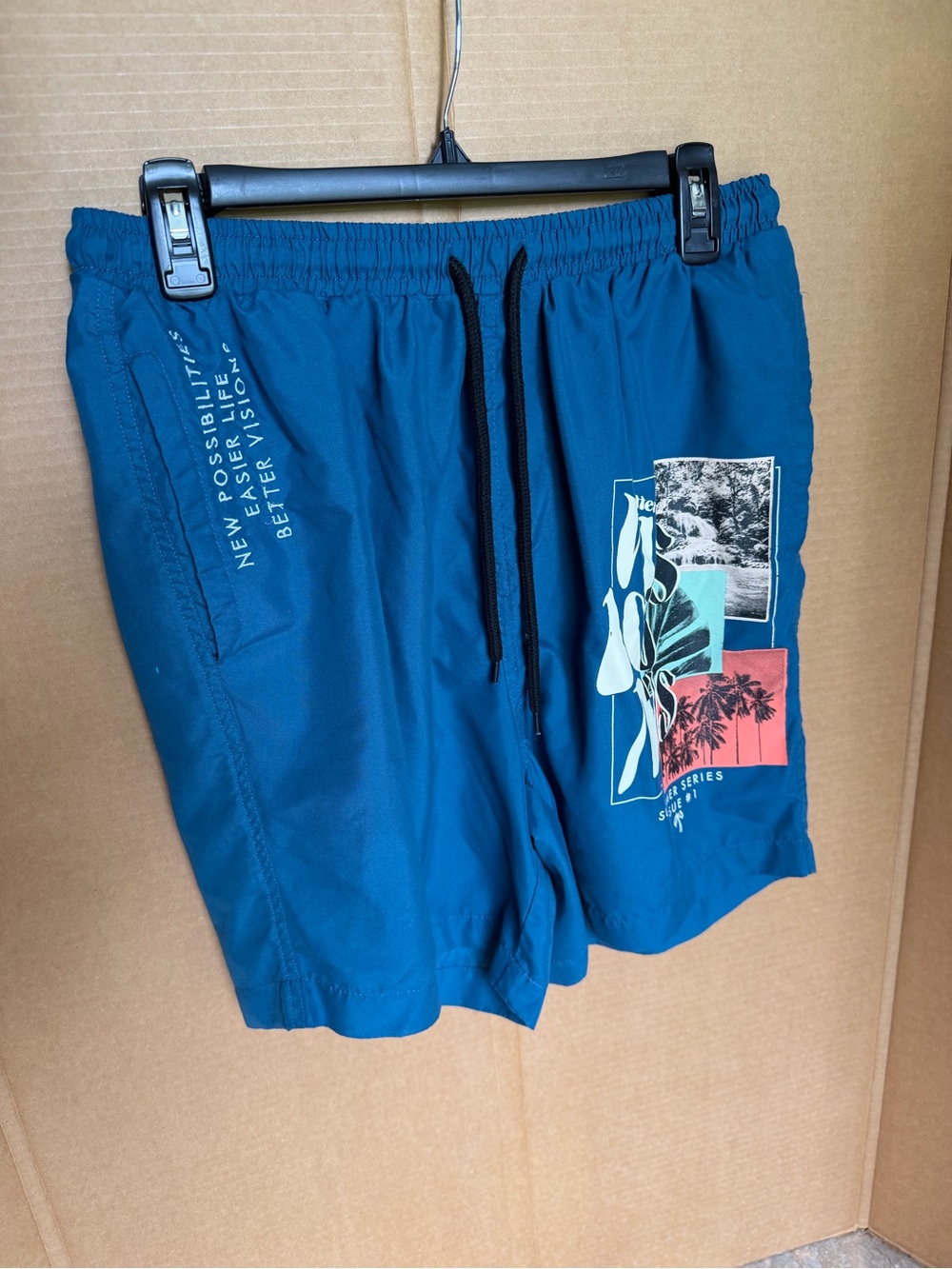 Rue21 Blue Graphic Swim Trunks with Black Drawstring